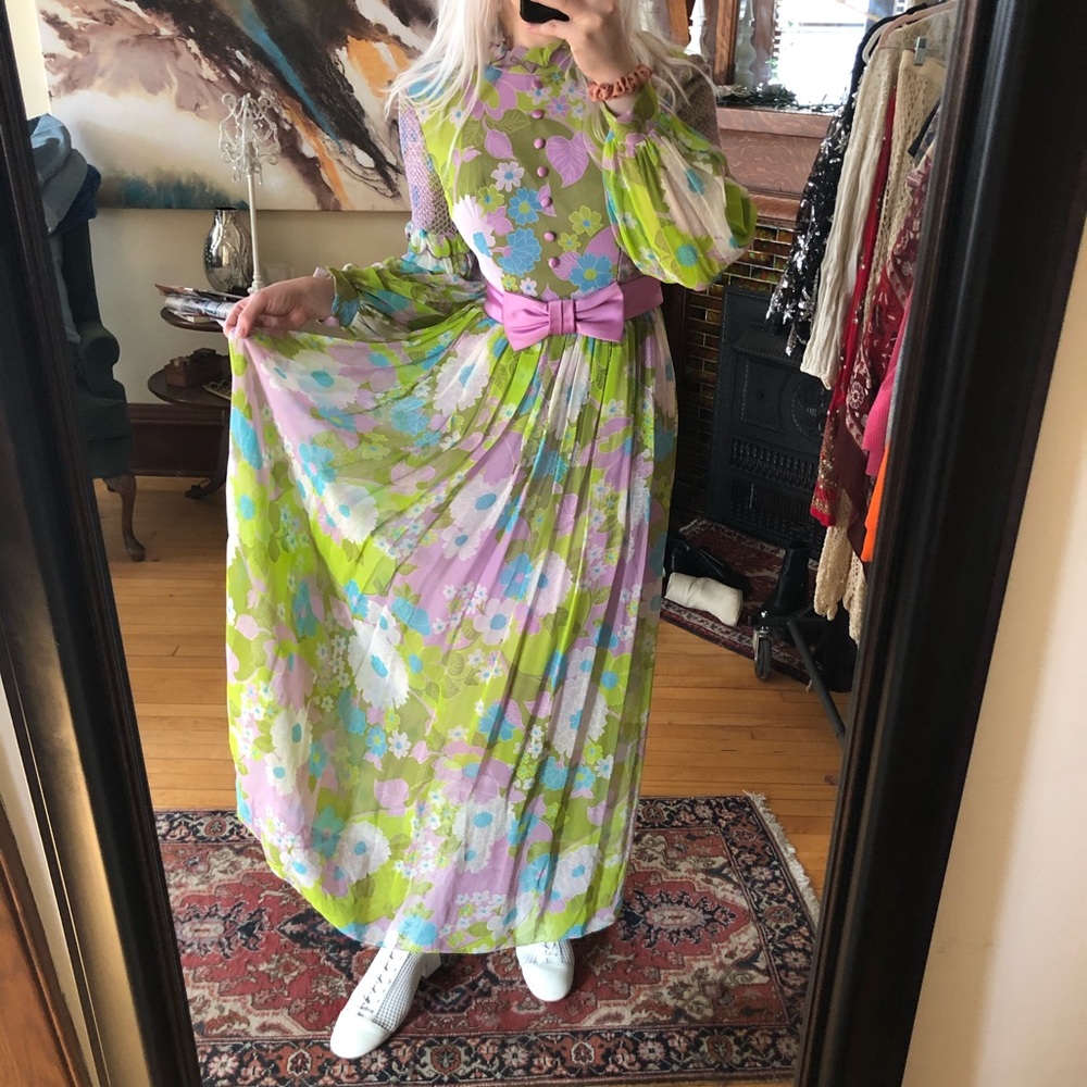 SOLD 70’s Style Bright Floral Disco Maxi Dress - Picture 3 of 8